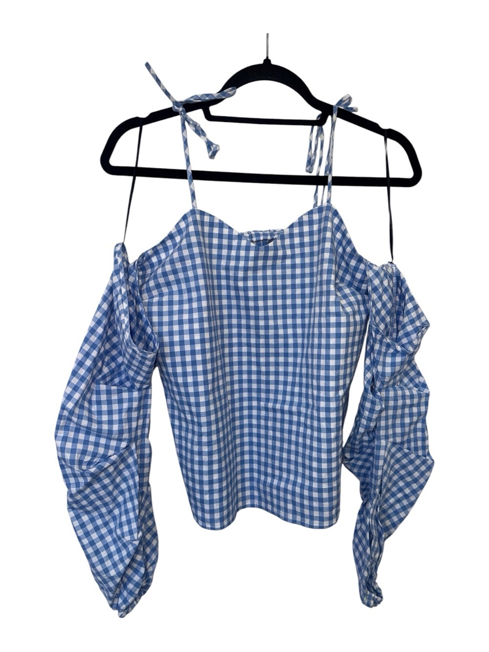 belle sky Blue Gingham Cold-Shoulder Tie-Strap Blouse
